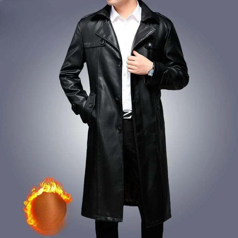 جديد الراقية سترة جلدية الرجال متوسطة وطويلة جلد العجل سترة دعوى الصوف سميكة وسيم خندق معطف جلد طبيعي #2