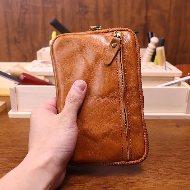 Monedero de cuero curtido vegetal con cremallera, billetera de cuero de vaca, bolso de tarjeta de gran capacidad, bolso de almacenamiento de llaves, bolsos de embrague