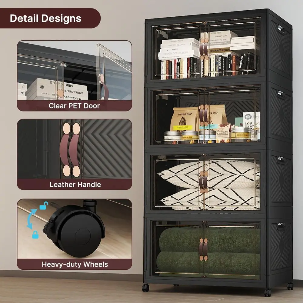 

Stackable Storage Bins with Lids, 1440QT Lockable Storage CabinetFoldable Storage Box with Doors and Wheels, Plastic Drawers fo