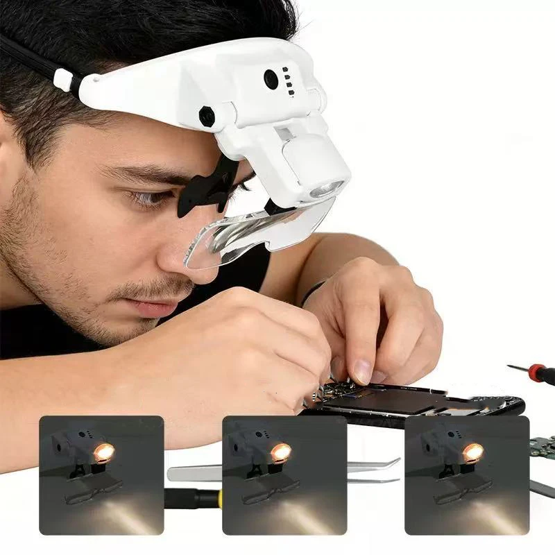 LED Rechargeable Headband Magnifying Glass Interchangeable Lens Multiple Magnification Magnifier w 3 Colors Lights f Reading
