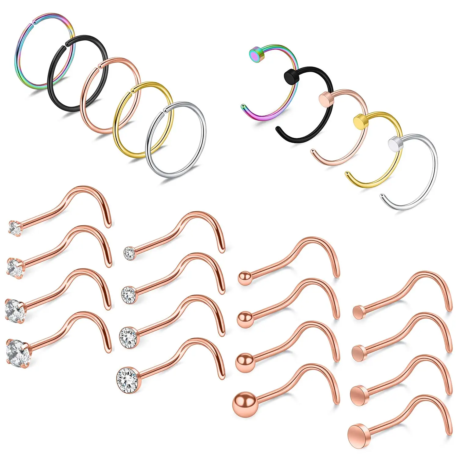 20G Nose Rings Hoop Surgical Stainless Steel 1.5mm-3mm Flat Ball Clear Diamond CZ Nose Stud Screw Piercing Jewelry 1PCS/26PCS