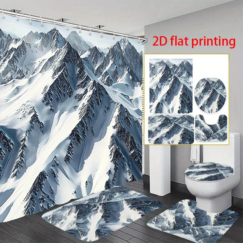 

4pcs 2D flat printing Shower Curtain Bathroom Set Snow Covered Mountain Peaks Used in homes, apartments, hotels, campers