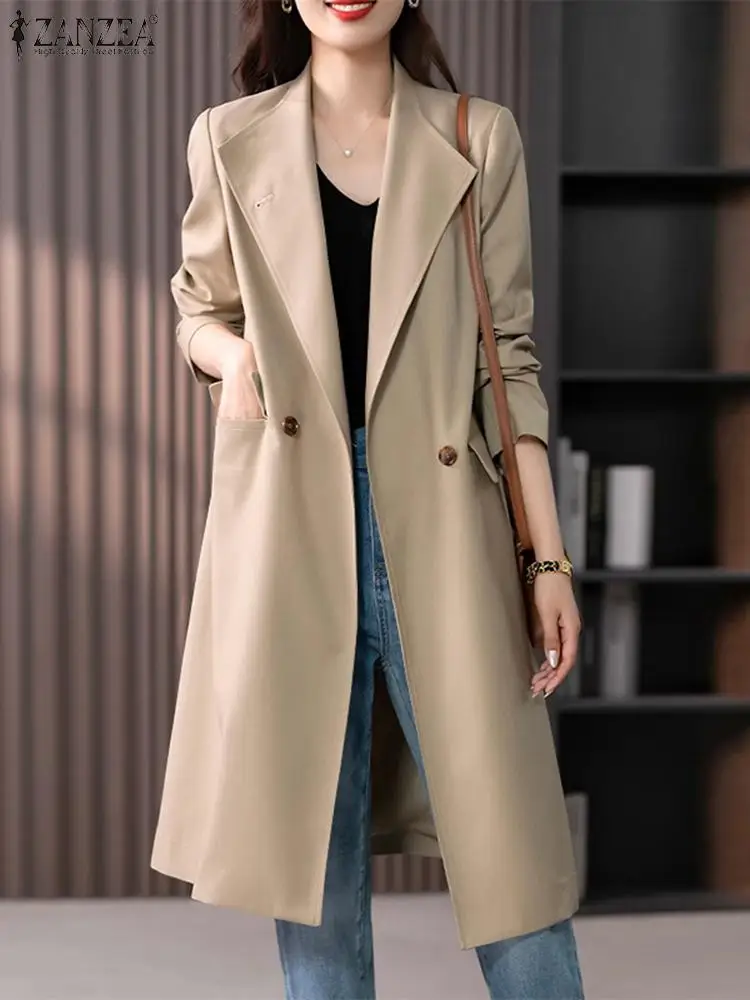 

2023 ZANZEA Fashion Windbreaker Women Autumn Laple Neck Long Sleeve Blazer Casual Solid Long Outwear Female Work Coats Jackets