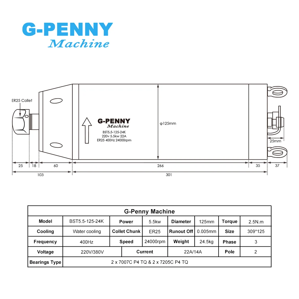 G‑Penny 5.5KW ER25 Water‑Cooled CNC Spindle Motor Kit Bullet Type Ceramic Bearings For Wood Stone Router & Inverter & Bracket