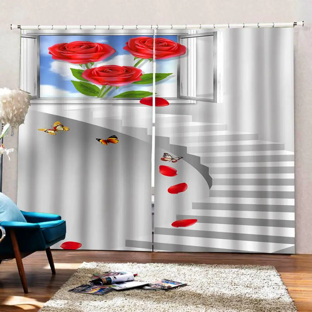 stereoscopic curtains Red rose flower curtains 3D Window Curtain Foggy forest Luxury Blackout Living Room office Bedroom