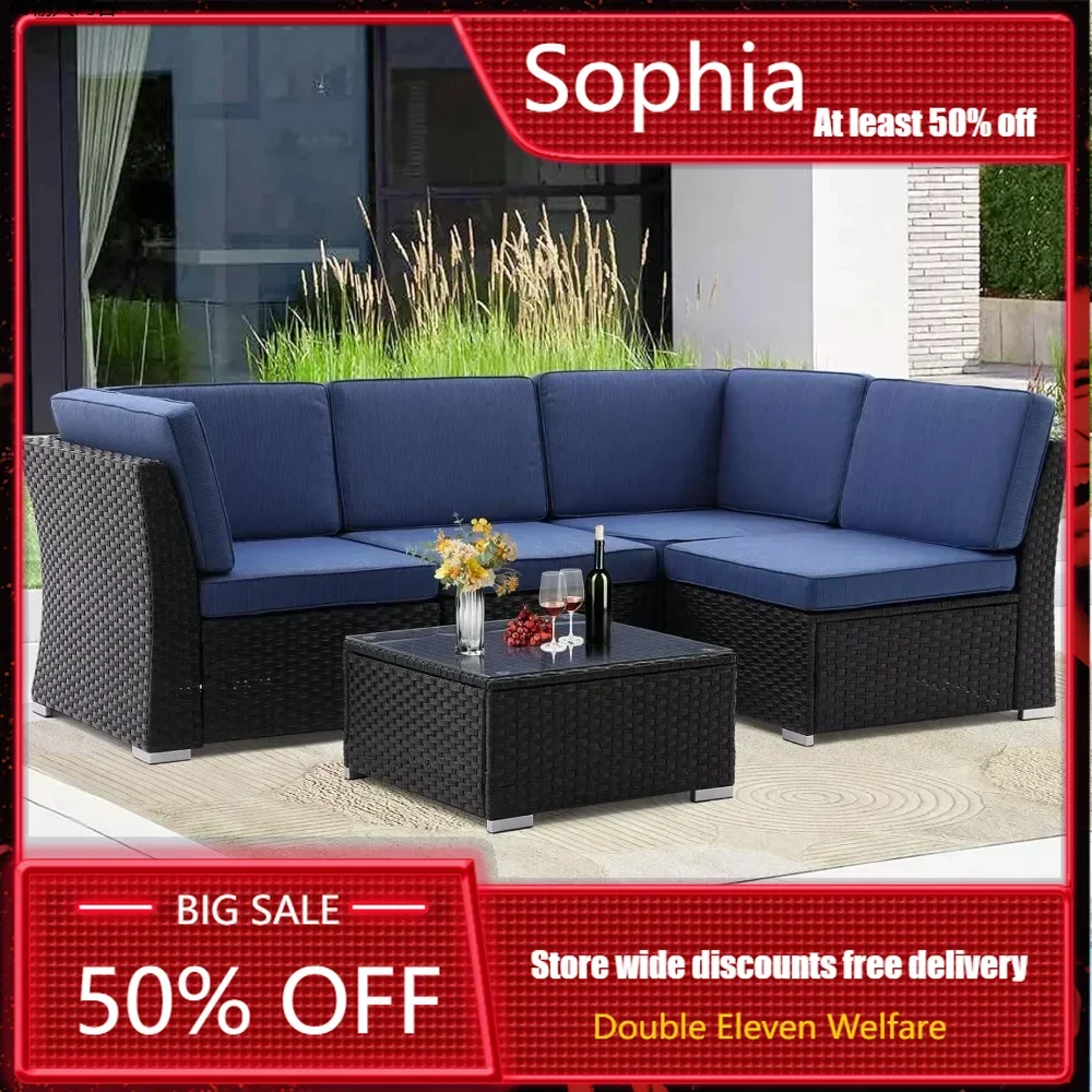 

Patio Sofa 5 PCs Set with Coffee Table, Patio Sectional PE Rattan Set, Garden Conversation Furniture Sets with Thickened Cushion