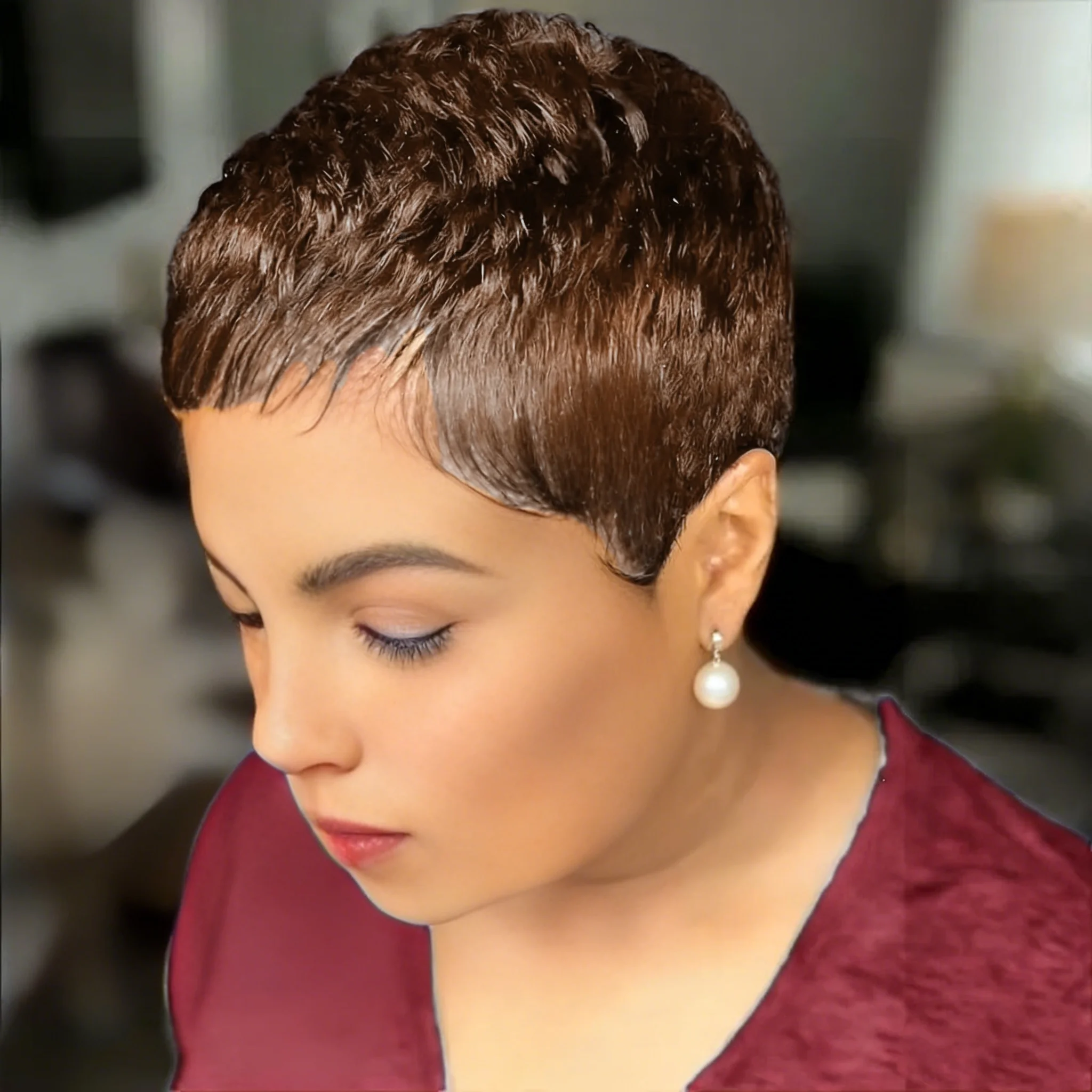 

Короткий многослойный парик-пикси из натуральных волос, легкий, полностью машинной работы