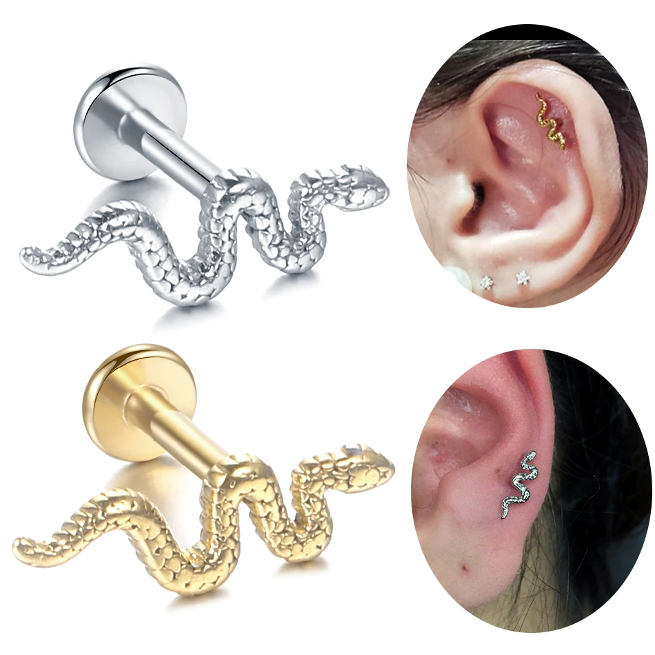 1PC Stainless Steel Zircon Ear Piercing Earring for Women Snake Ear Studs Cartilage Earring Helix Conch Lip Piercings Jewelry
