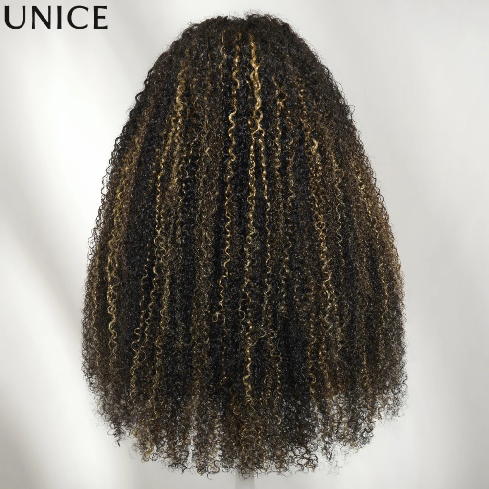 UNice 7x5 Bye Bye Slip™ Lace Black with Blonde Caramel Highlights Kinky Curly Wig With Drawstring 100% Human Hair Wigs Glueless