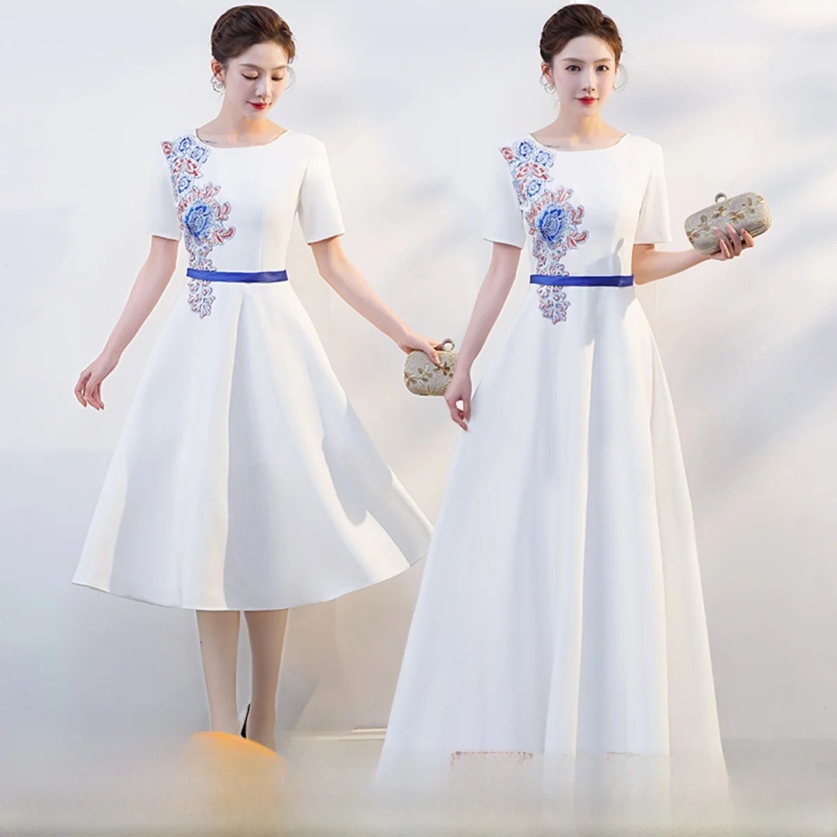 

Элегантное красное вечернее платье для конкурса пения, в стиле фарфора Цинхуа, для выступлений хора, корейский стиль, с завышенной талией, короткое, размер S