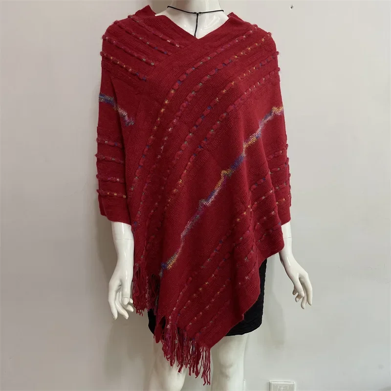 Spring Autumn New Women Wear European American Tassel Pullover Cloak National Style Lady Shawl Sweater Scarf  Red