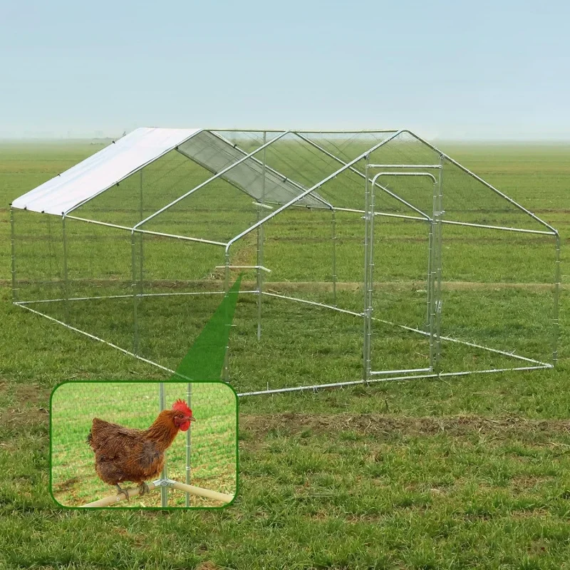 Chicken Coop Large Metal Chicken Run with Chicken Perch, Outdoor Dog Kennel with Roof Waterproof Anti-UV Cover Secure Lock for O