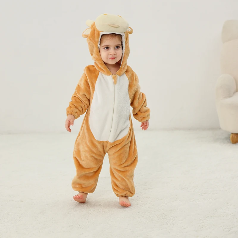 Halloween Costume Cartoon Yellow Calf Romper Baby Plush Hooded Jumpsuit Winter Warm Thickened Zipper Toddler Party Outfit