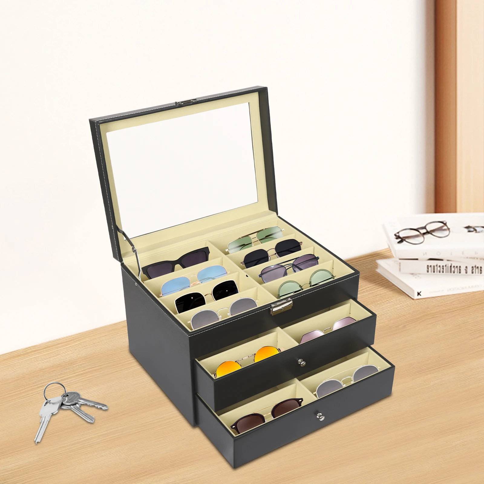 

Black Eyeglasses Display Case 24 Compartment 3 Tier Lockable Storage Box with Glass Lid PU MDF Lint Drawer Organizer for Jewelry Watches Collectibles Professional Home Use