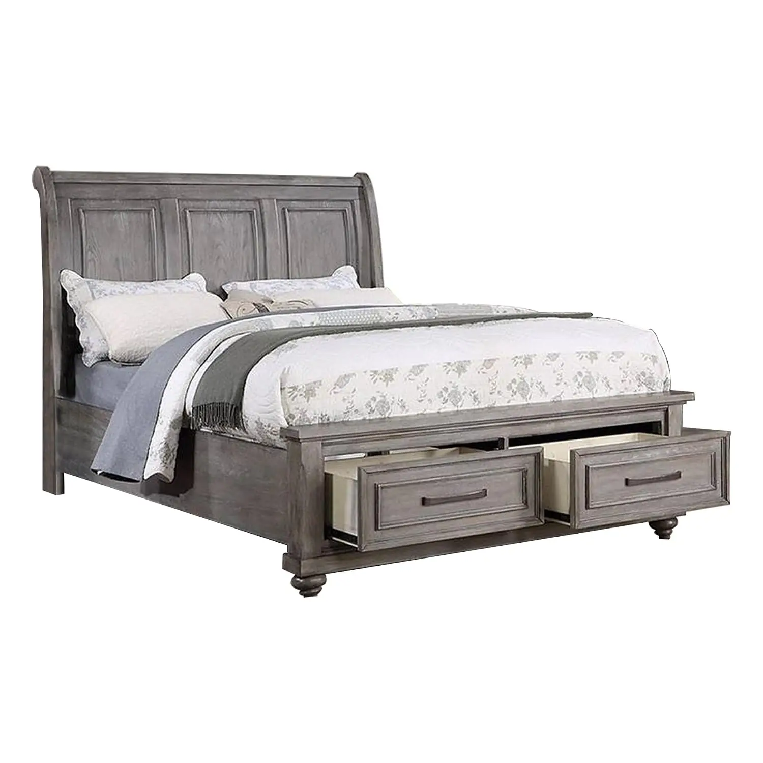 Demi California King Bed, Sleigh Headboard, Storage Drawers, Oak Gray Wood