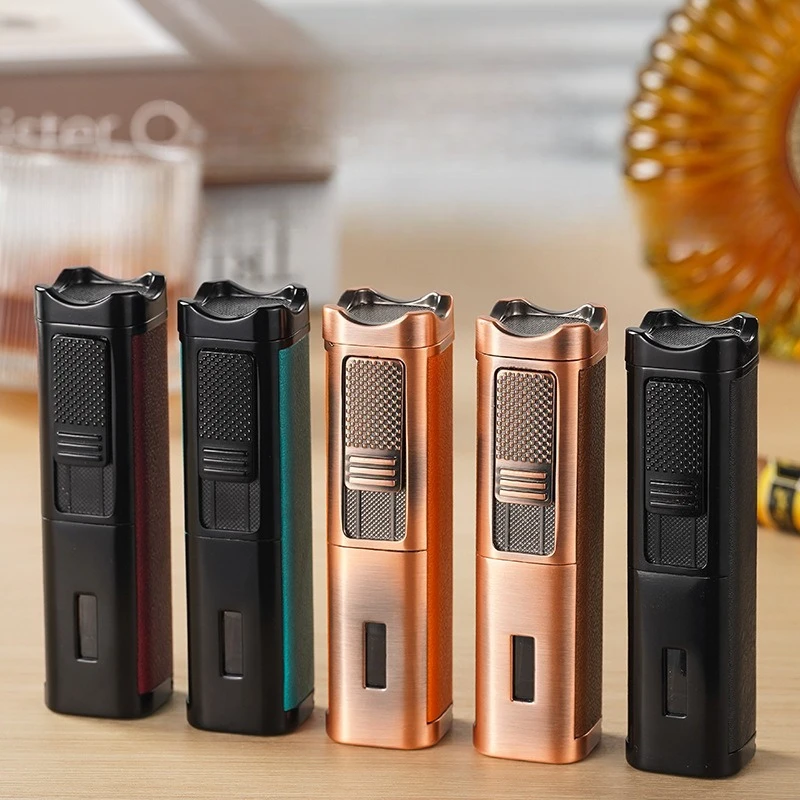 Genuine Leather Windproof 3 Jet Blue Flame Butane Gas Torch Lighter Visible Gas Window Cigar Diamond Cigar Special Lighters Gift - view 4