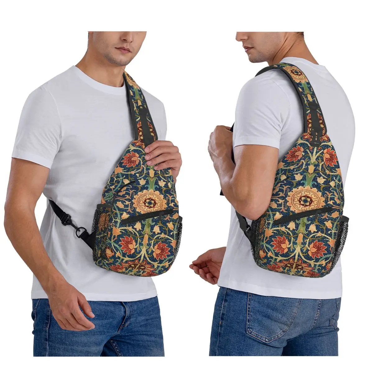 William Morris Flower Pattern Chest Bag Men Sling Crossbody Backpack Chest Bag Travel Hiking Daypack Shoulder Bag