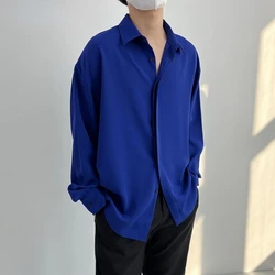 New Arrival Klein Blue Shirt Men Long Sleeve Concealed Button Lapel Summer Thin Casual Loose Solid Color Ice Silk Shirt Men