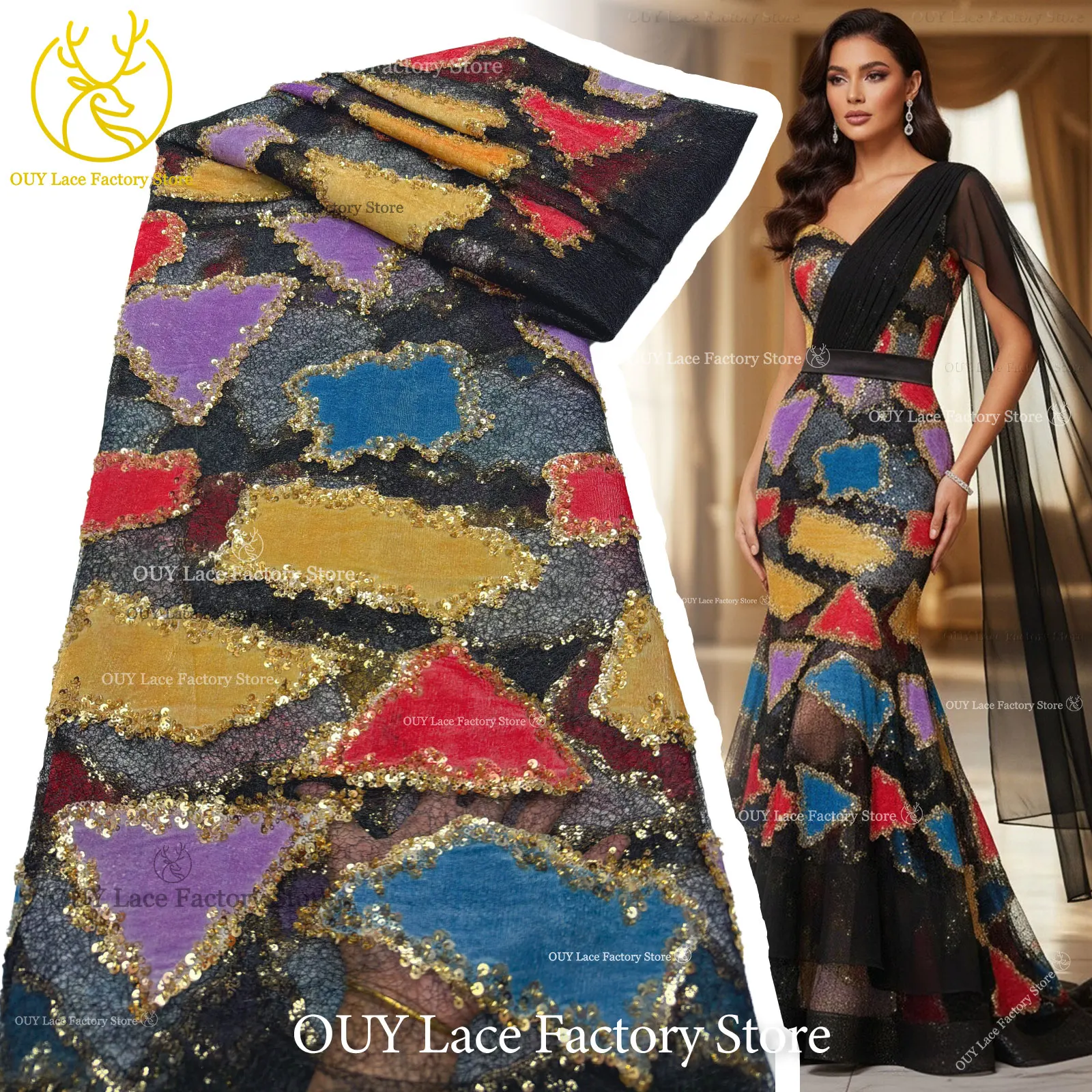 

Luxury Nigerian Tulle Beaded Lace Fabric New Design French African Sequins Lace Fabric For Women Evening Party Dress Sewing