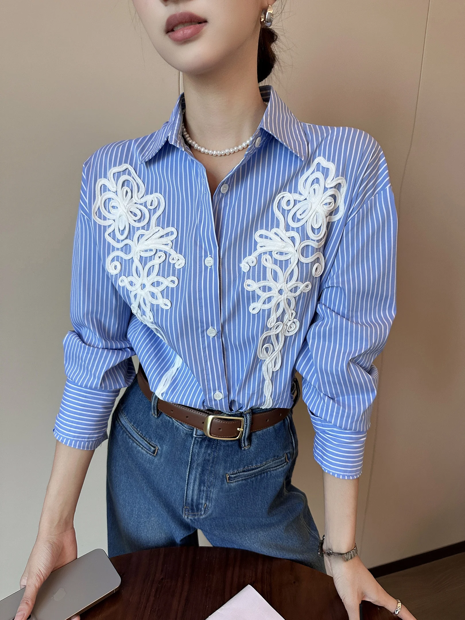 

Ele Blue Striped Collar Long Sve Women's irt Autumn Winter New Sle Hook Flower Loose Fit Casual Chic Top