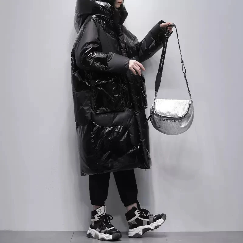 Doudoune Longue Noire Brillante pour Femme, Parka à Capuche, Décontractée, Épaisse, Chaude, Pardessus Féminin, Nouvelle Collection Hiver 2025