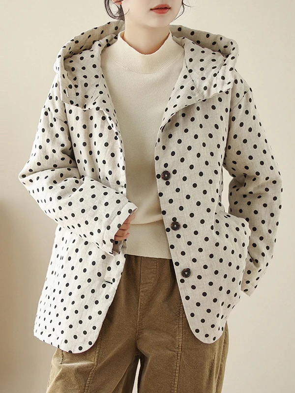 

Retro Polka Dot Cotton Jaet Long Sve Women's Hooded Outerwear Autumn Winter Thi Warm Cotton Coat Casual Loose Fit