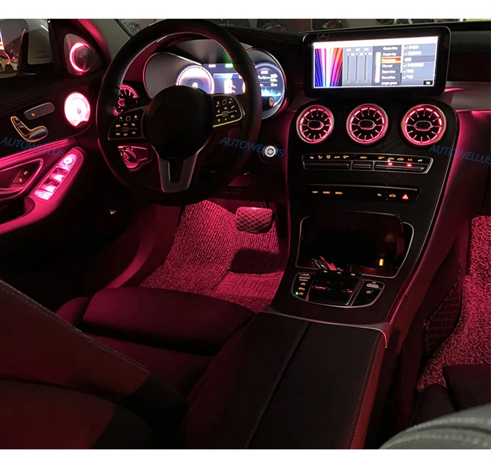 Ambient Lighting System For Mercedes C-Class & GLC, 64-Color Dynamic LED Strip With Front & Rear Turbine Air Vent Nozzle Upgrade