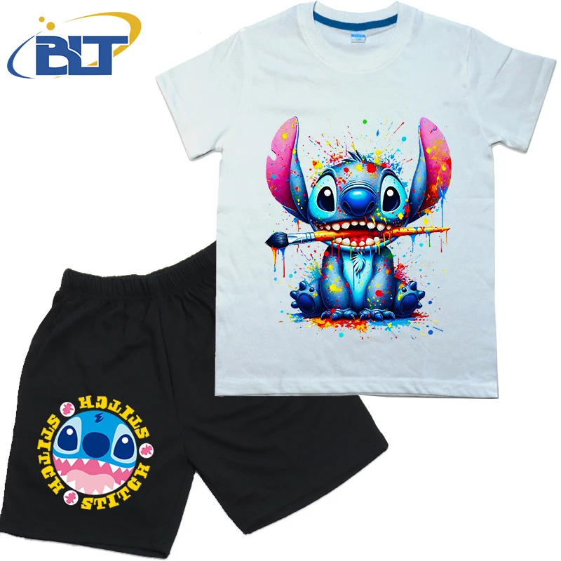 Disney spray paint stitch print kids T-shirt set pure cotton short-sleeved shorts 2-piece set for boys and girls