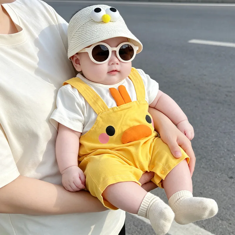 ZOETOPKID Newborn Rompers Cute Animal Print with Yellow Fake Suspenders Baby Clothing Boys and Girls Short-Sleeve Bodysuit