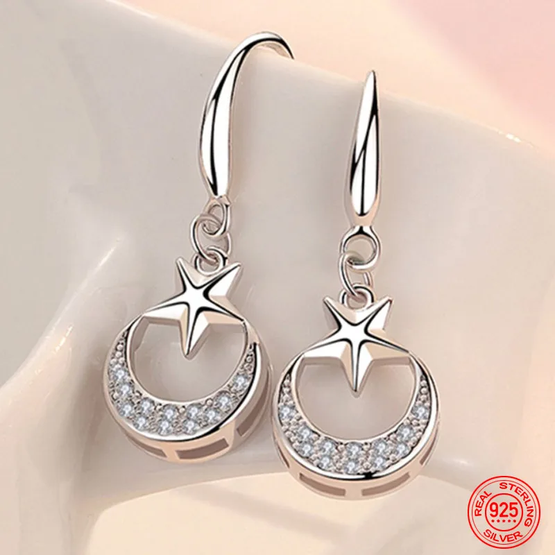 

925 Sterling Silver Star Moon Dangle Earrings For Women Fashion Party Jewelry Accessories