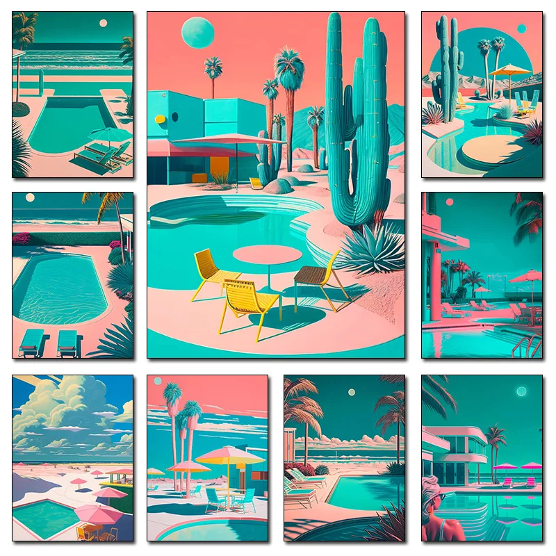 Retro Futuristic Beachside Palm Trees Desert Swimming Pool Poster Canvas Painting Wall Art Pictures For Room Home Interior Decor