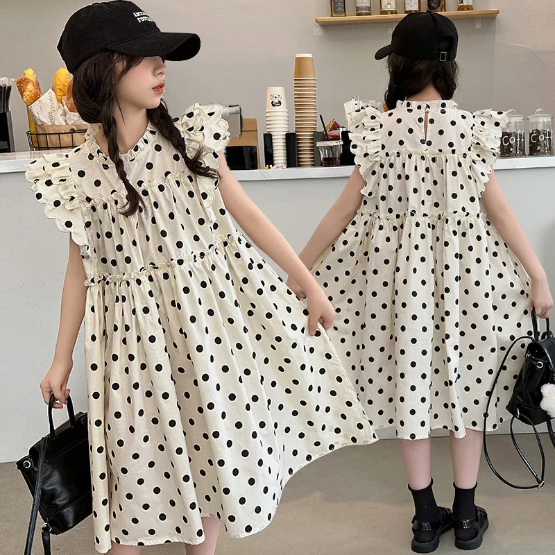 

Girls Skirts 2024 Summer New Children Clothes Flying Sleeve Princess Dress Big Children Polka Dot Beach Long Skirt Casual Simple