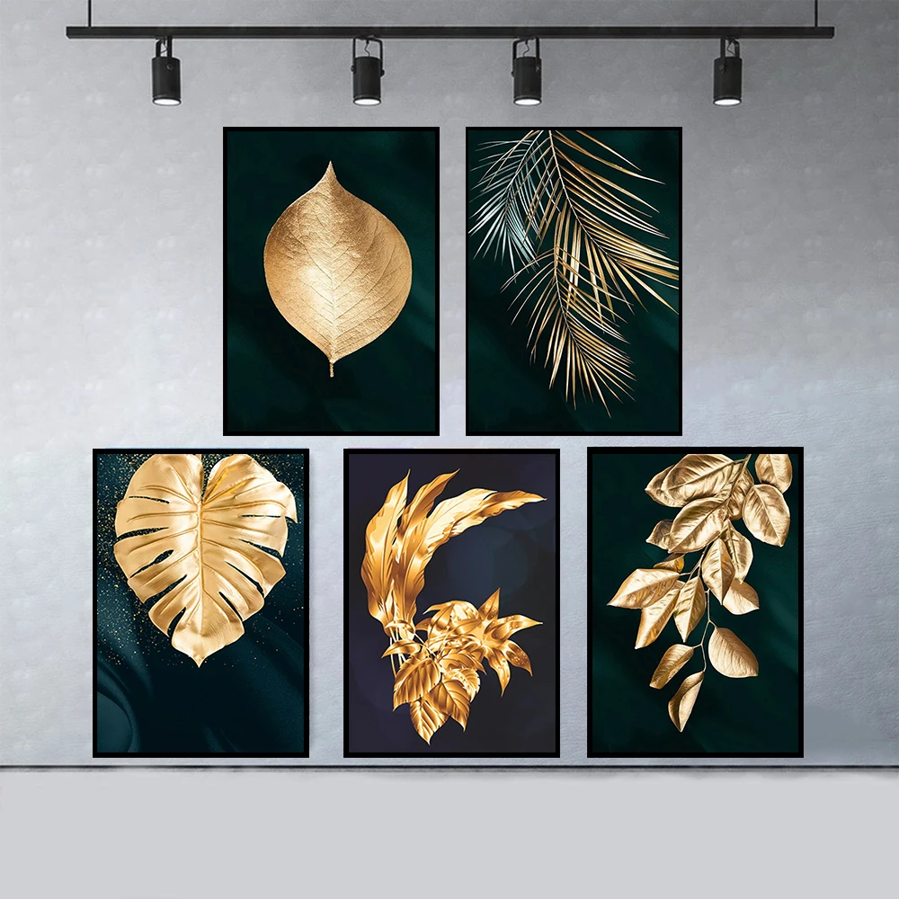 

Gold Plant Leaf Canvas Painting Plant Landscape Poster Prints Picture Wall Art for Living Room Modern Home Decor No Frame