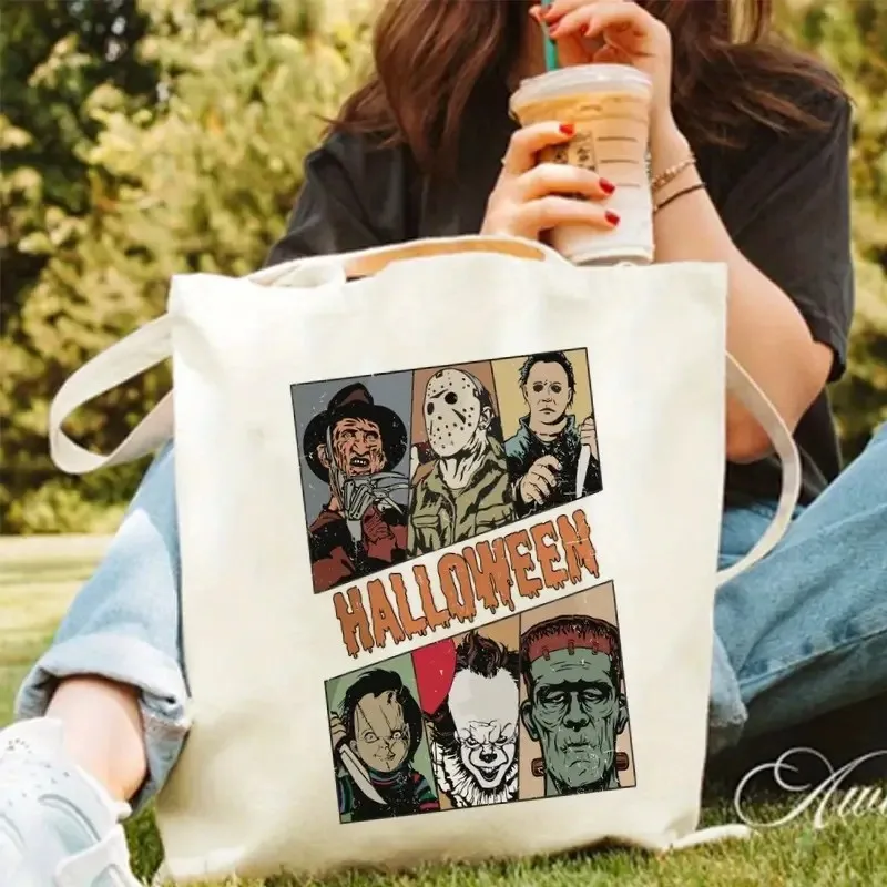 

Tote Bag Halloween Zero Amucks Given Pumpkin Bats Witch Hat Print for Trick--Treating Party Shopping Reusable Shoulder Handbag