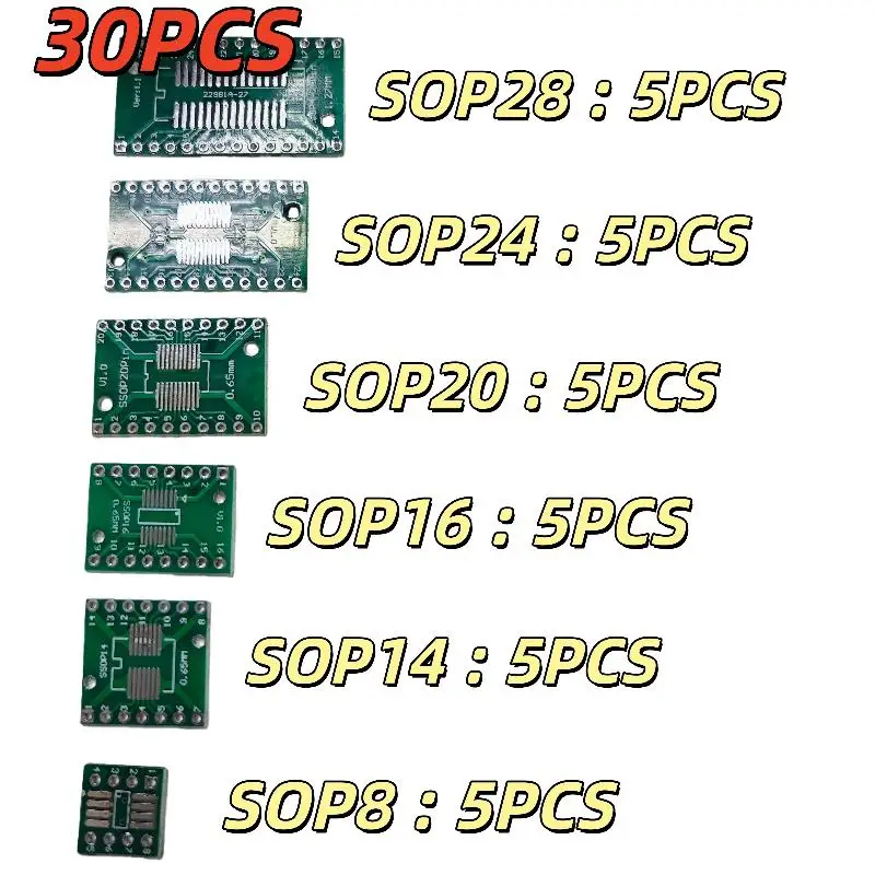 30/35Pcs SMD SOP24 SOP8 SOP14 SOP16 SOP20 SOP28 Turn To DIP Adapter Converter Plate SOP 8 14 16 20 24 28 PCB Board Kit