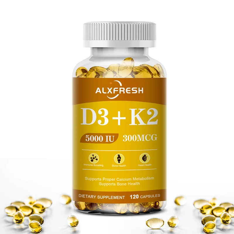 Vitamin D3+K2 5000 IU 300 MCG Vitamins Capsules | Non-GMO, Vegan, Nutural, Gluten-free | Health Supplement
