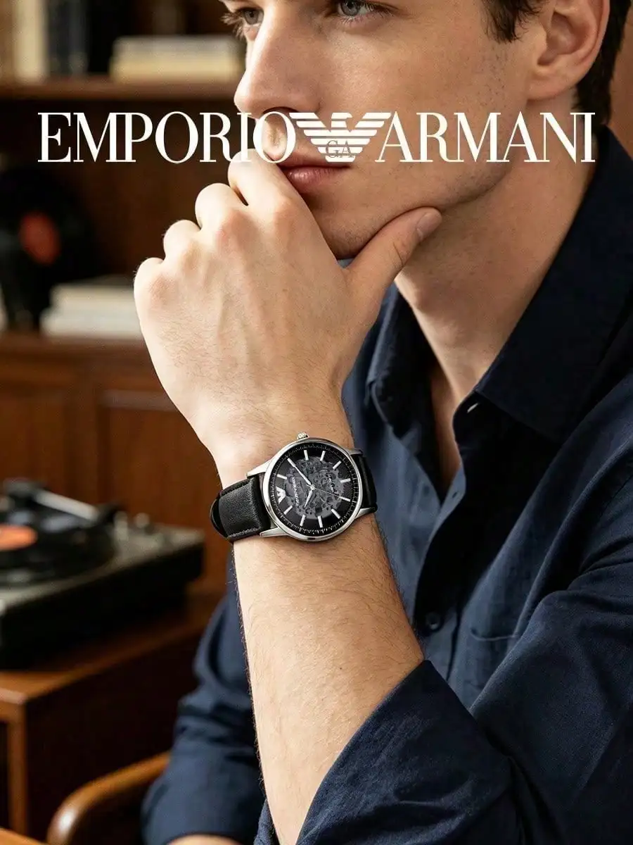 Emporio Armani AR60038 Renato Series Automatic Watch 43mm Silver Skeleton Dial Leather Band 5ATM Men Wristwatch Gift