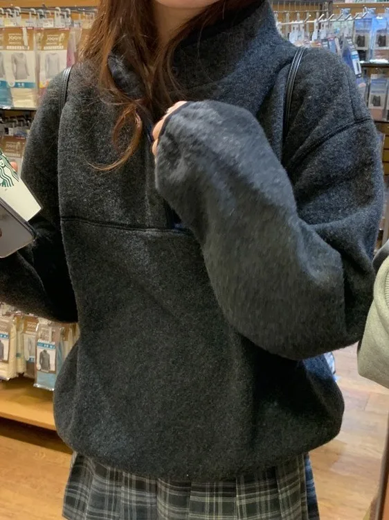 Chic Retro Thiened Warm Sweatirt Women's Loose Top f High Collar  Design Winter New Sle Comfortable Casual Wear