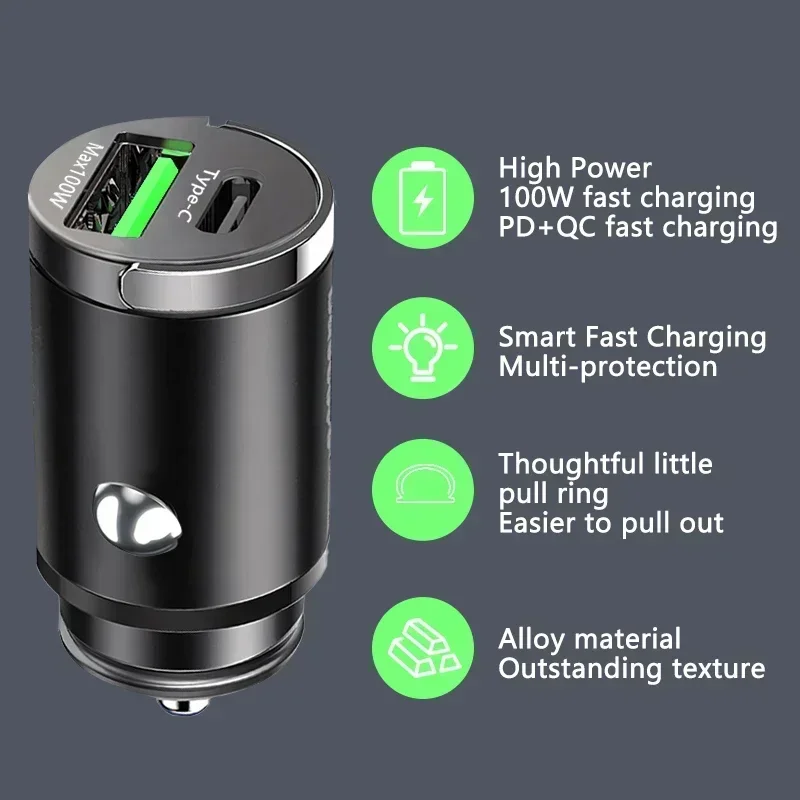 Car 66/100/200W Dual Port Mini USB Charger Ultra Fast Charging Cigarette Lighter Socket Phone Charging Adapter