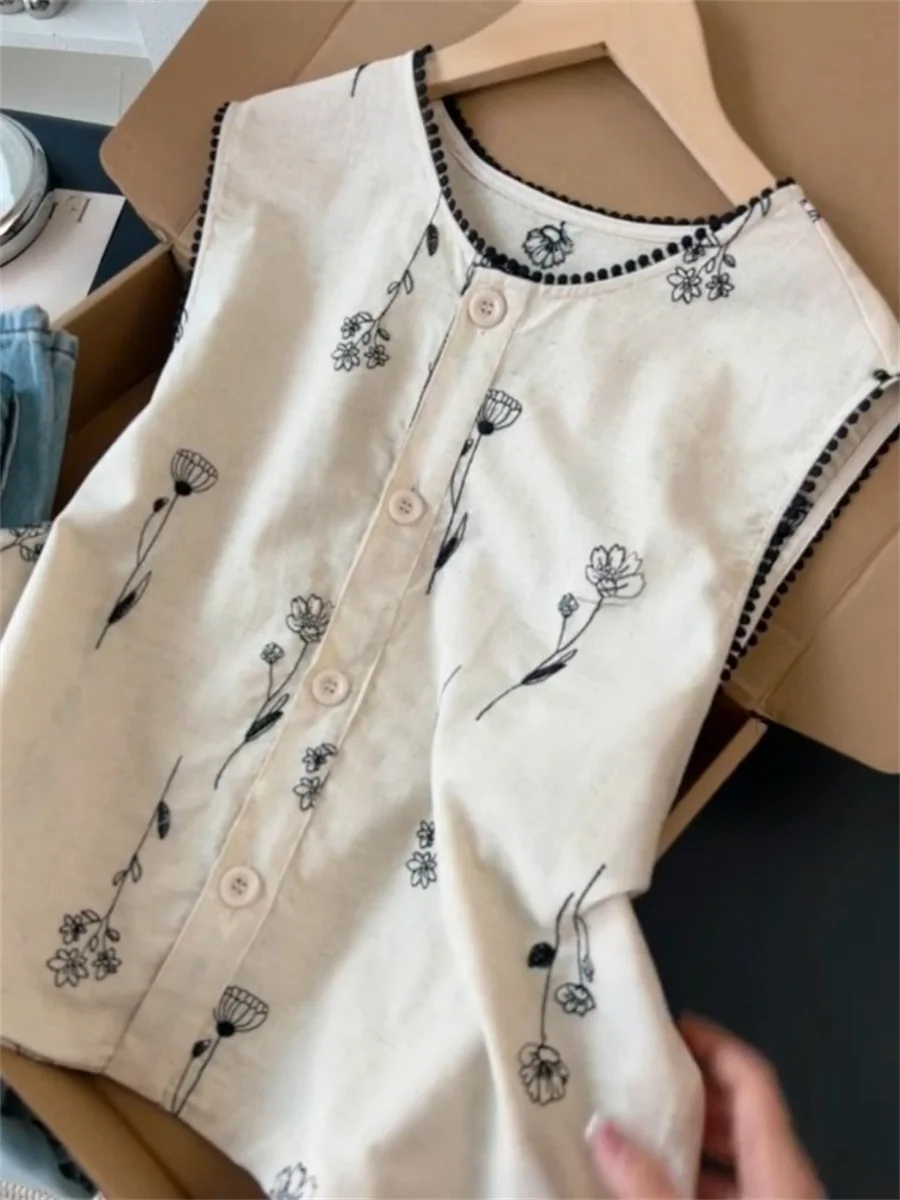 Retro Geborduurde Bloem Ronde Ne Vest Irt Loose Fit Svel Dames Zomer Faionable Casual Sle Thermische Irt