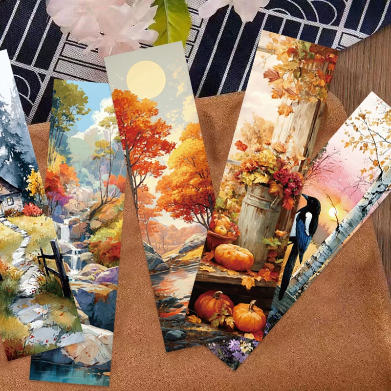 30PCS Aesthetic Fall Landscape Paper Bookmarks Cute Nature Sunset Abstract Brown Beige Design Page Markers For Book Lovers