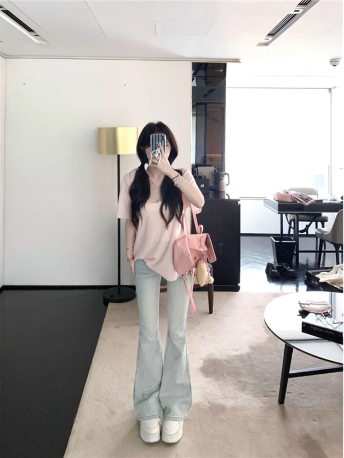 Elastic Lace Splice High Waist Bell Bottom Jeans Women's New 2026 New Light Color Slimming Butt Lifting Bell Pants