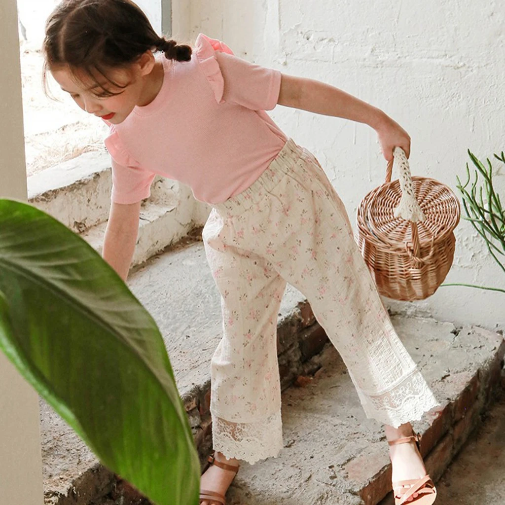 Summer 2026 Children's Korean Fashion Long Pants Girls' Lace Flower Pattern Leg Trousers in Stock Kids' Clothing