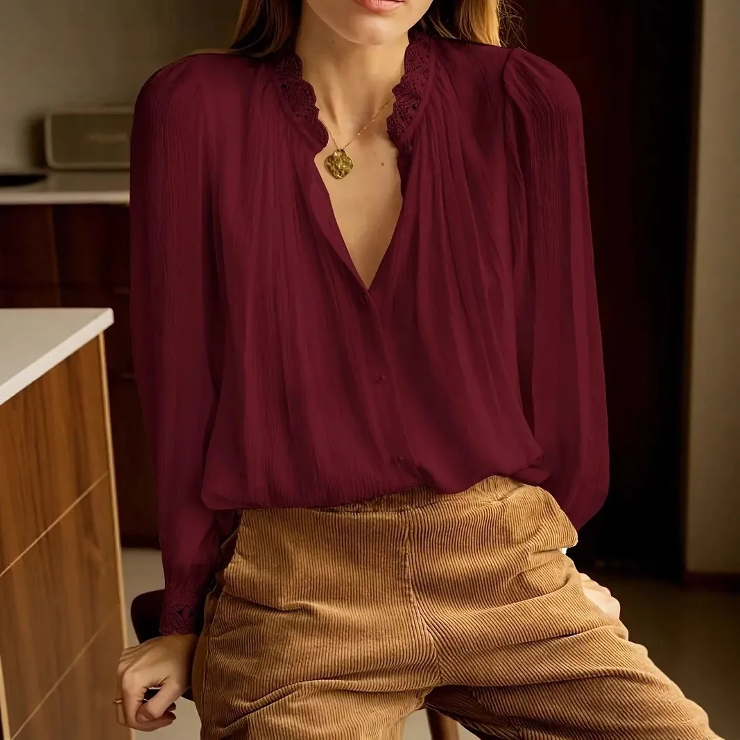

Women Blouse Long Sleeve Solid Color Black Blouses Cotton Blend Loose Fit V Neck Button-Up Shirt Lace Trim Collar Burgundy