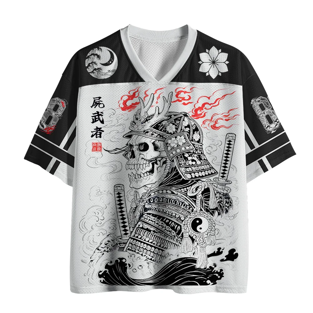 T-shirt respirant en maille à col en V avec imprimé crâne japonais, samouraï, Taiji, vague et fleurs de cerisier pour adultes et enfants, manches courtes