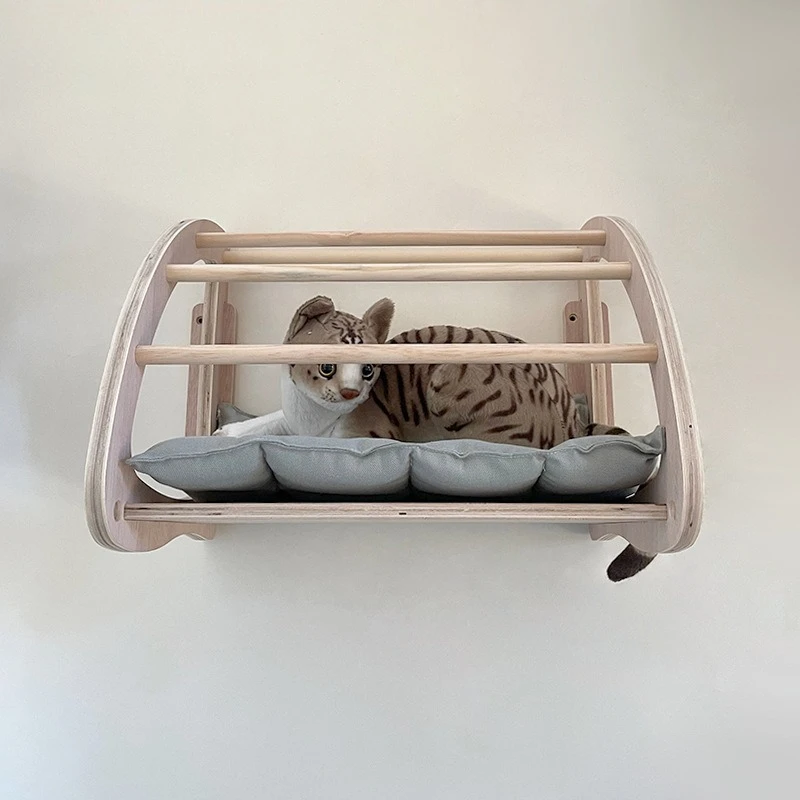 Wall Mounted Cat Bed Through-wall Cat Nest with Privacy Curtain Canvas Mat Hanging Cat Perch Pet Sleeping Bed for Indoor Cats
