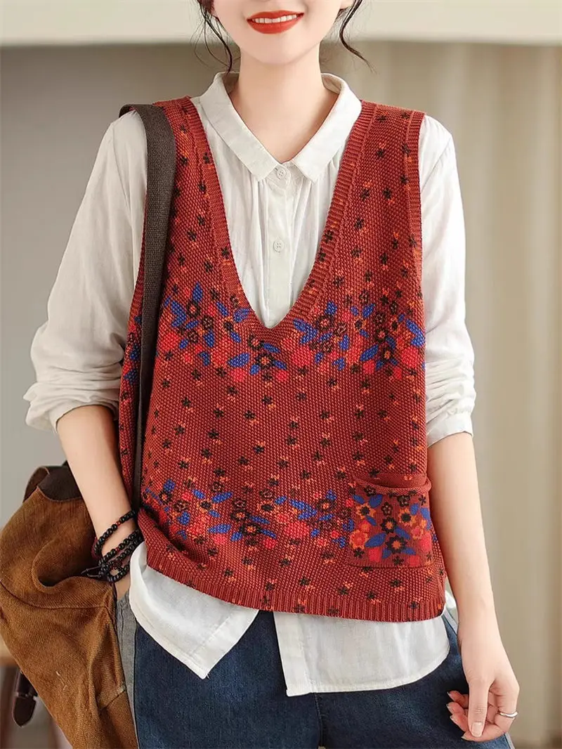 

Women's Vintage Floral Print Cotton Knit Vest 2025 Spring Sleeveless V-Neck Pullover with Cropped Design G085