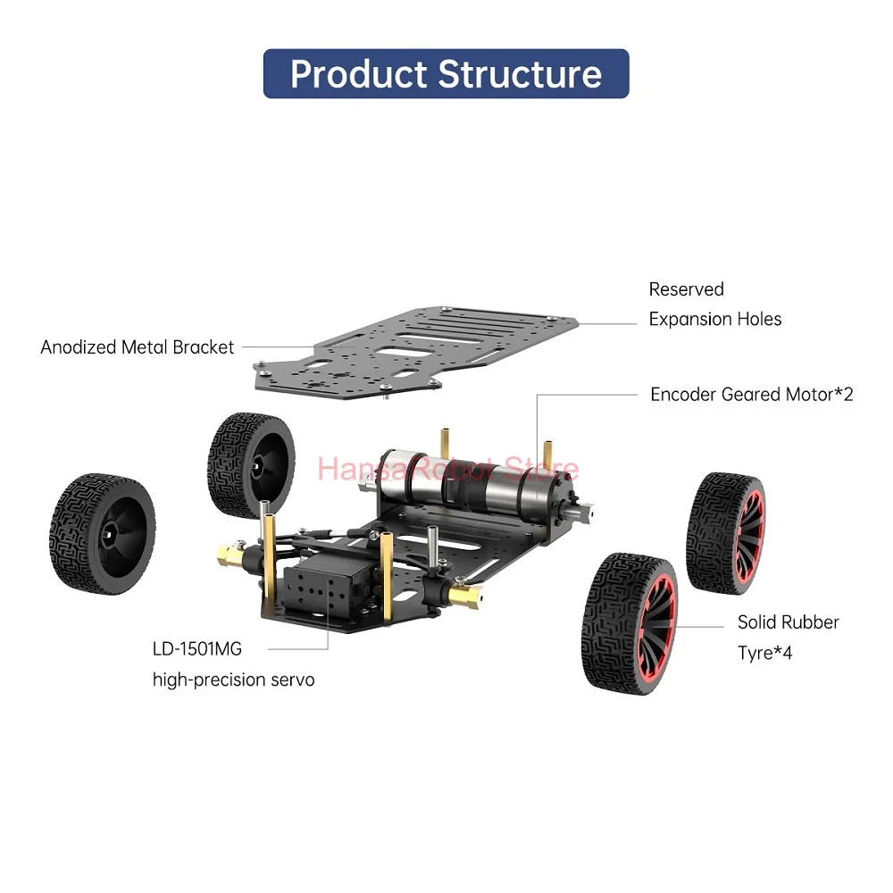 Assembled Metal Ackerman Robot Car Chassis with 5KG Load Dual Encoder Motor Front Wheel Servo Steering Ros Robot Base