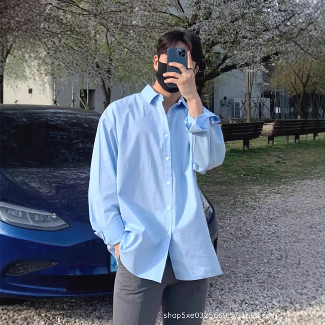 

Blue Casual Shirt For Men 2026 Spring Office Loose Long Sleeve Shirts American Daily Commute Versatile Plain Fashion Blouse