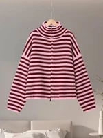 Loose Striped Women's Knit Cardigan Double Zipper Long Sleeve Stand Collar Female Sweater 2025 Autumn Winter Lady Lazy Knitwear - Image 3